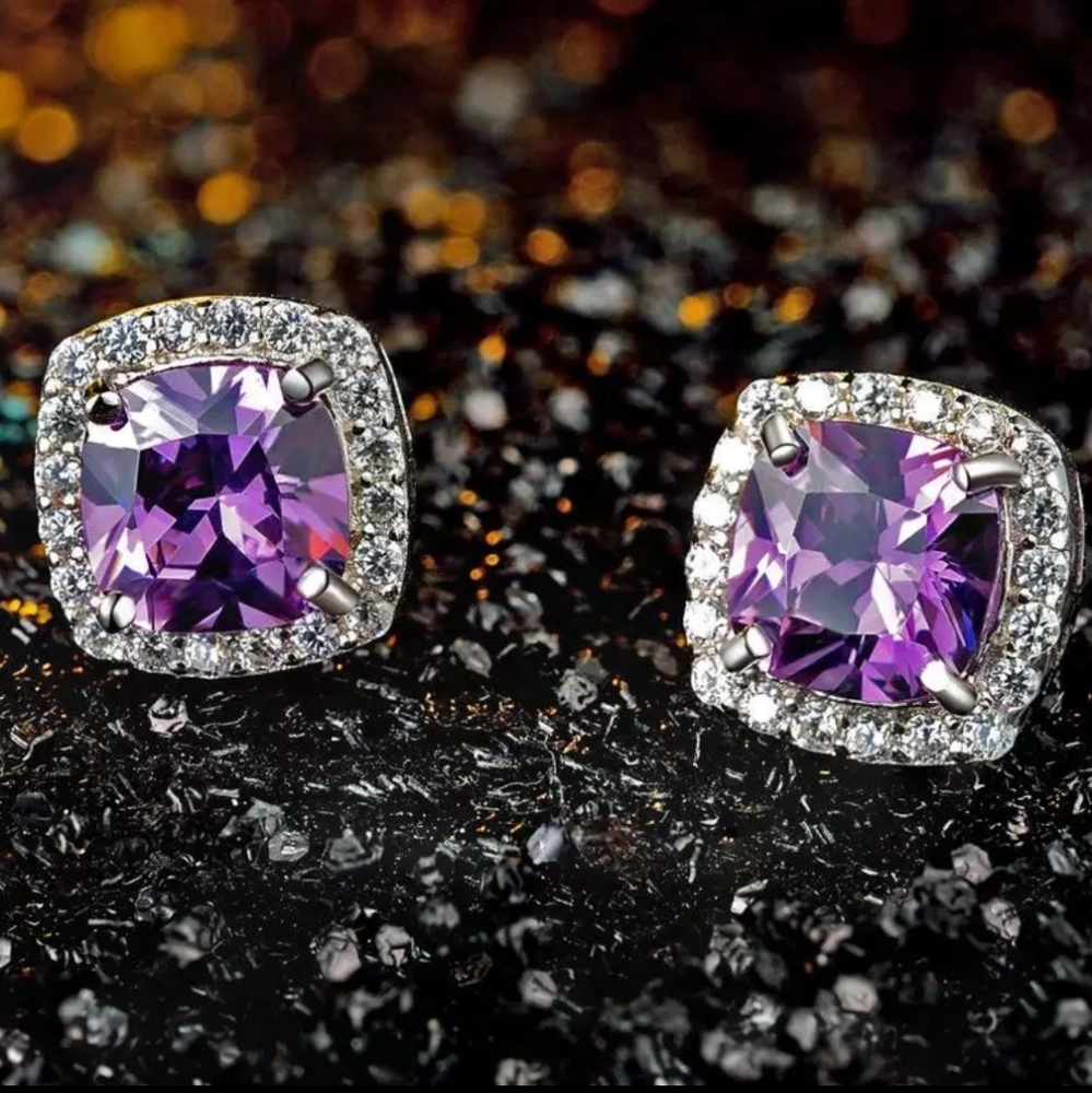NEW 18k White Gold Purple Amethyst Halo Earrings